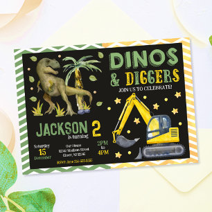 Dinosaur and Construction Dinos & Diggers Birthday Invitation