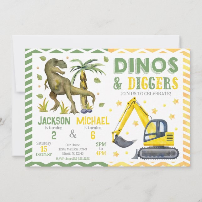 Dinosaur and Construction Joint Birthday Invitation (Front)