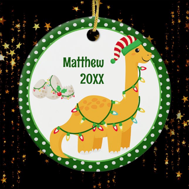 Dinosaur and Eggs Personalised Kids Christmas Ceramic Ornament (Creator Uploaded)