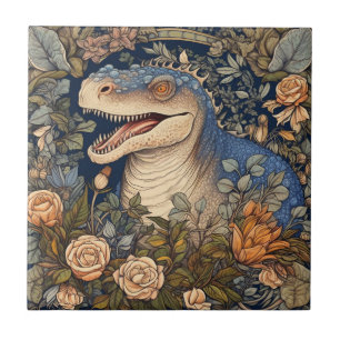 Dinosaur and flowers art nouveau style ceramic tile