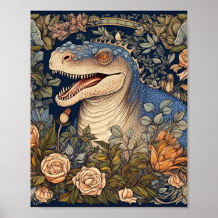 Dinosaur and flowers art nouveau style poster