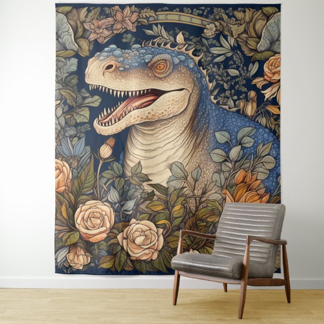 Dinosaur and flowers art nouveau style tapestry (In Situ)