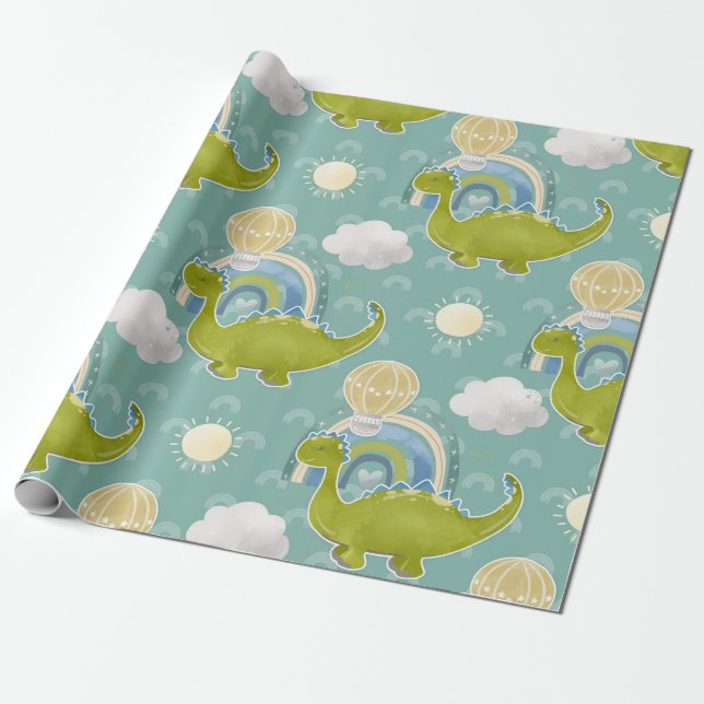 Dinosaur And Hot Air Balloon Baby Shower Pattern Wrapping Paper (Unrolled)