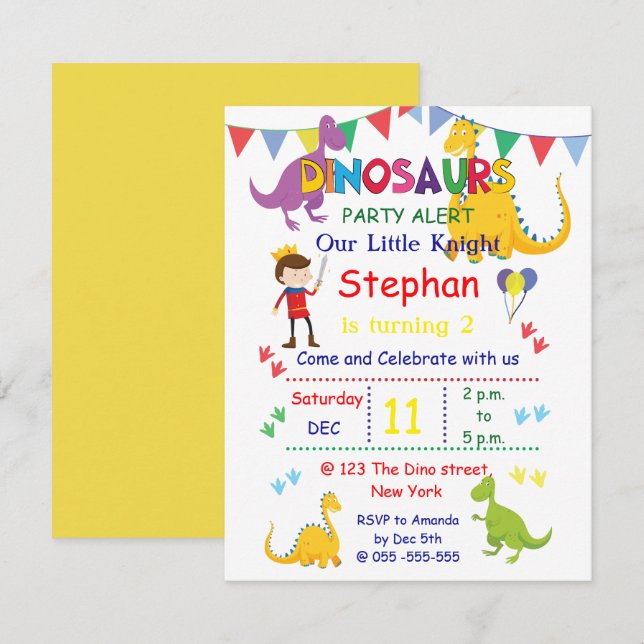 Dinosaur and Knight Birthday party Invitations (Front/Back)