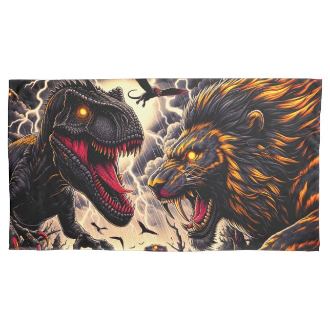 Dinosaur and Lion Fight Pillowcase (Front)