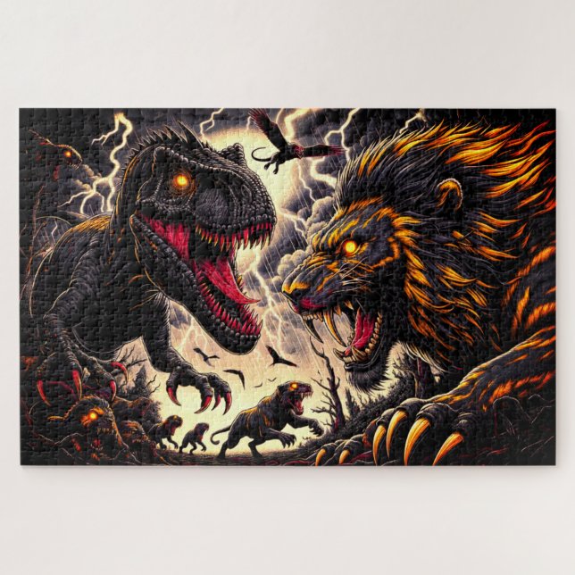 Dinosaur and Lion Fighting Jigsaw Puzzle (Horizontal)
