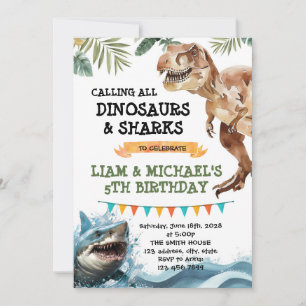 Dinosaur and Shark joint party invitation 