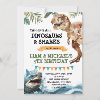 Dinosaur and Shark joint party invitation