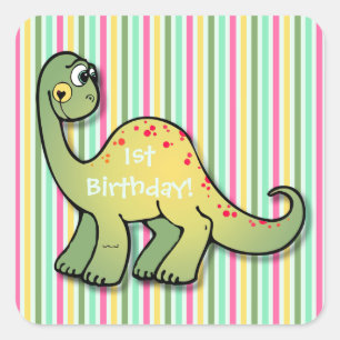 Dinosaur and Stripes 1st Birthday 1.5" Sq. Sticker