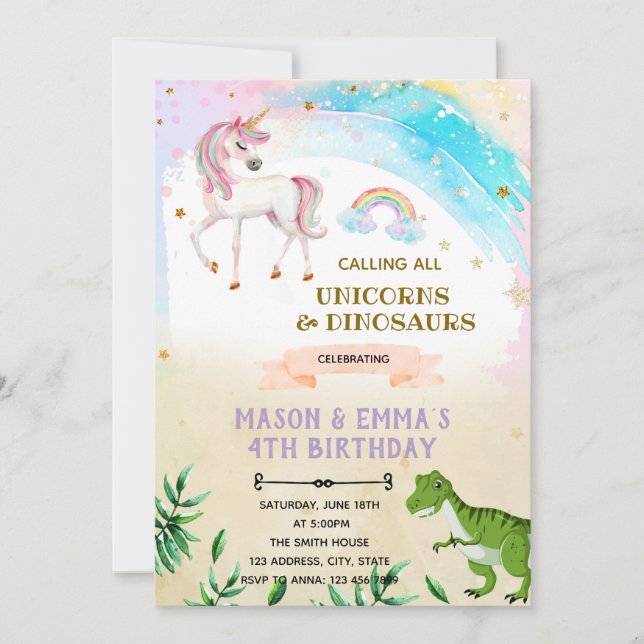 Dinosaur and unicorn joint birthday invitation (Front)