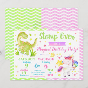 Dinosaur and Unicorn Joint Birthday Invitation