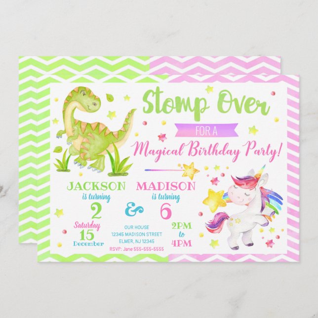 Dinosaur and Unicorn Joint Birthday Invitation (Front/Back)
