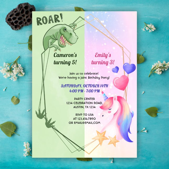 Dinosaur And Unicorn Joint Boy Girl Birthday Party Invitation (Creator Uploaded)