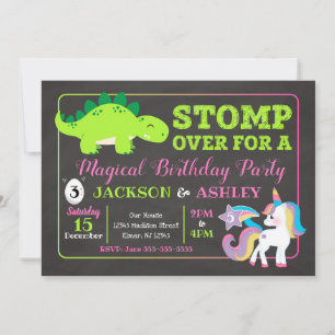 Dinosaur and Unicorn Siblings Joint Birthday Invitation