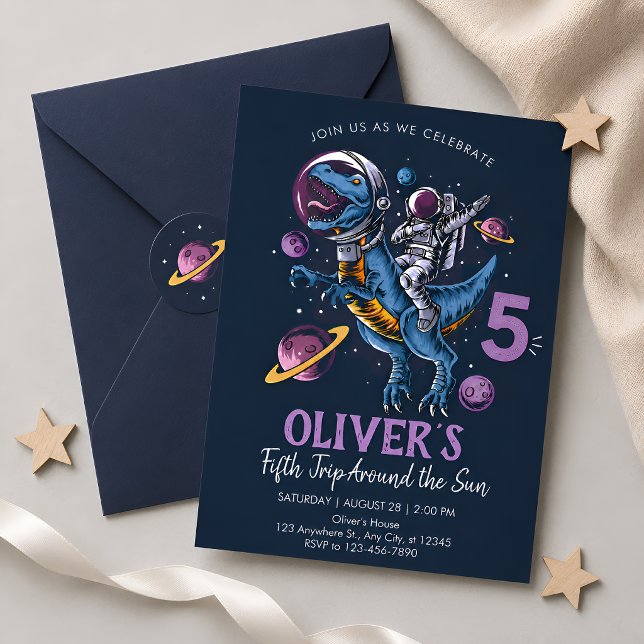 Dinosaur Astronaut 5th Birthday Invitation (Creator Uploaded)