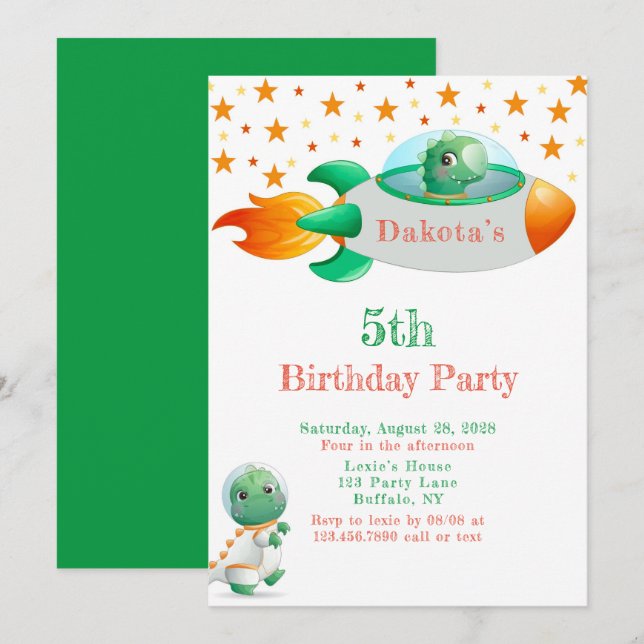 Dinosaur Astronaut Rocketship Boy Birthday Party I Invitation (Front/Back)