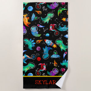 Dinosaur Astronauts Watercolor Space Personalised Beach Towel