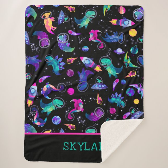 Dinosaur Astronauts Watercolor Space Personalised Sherpa Blanket (Front)