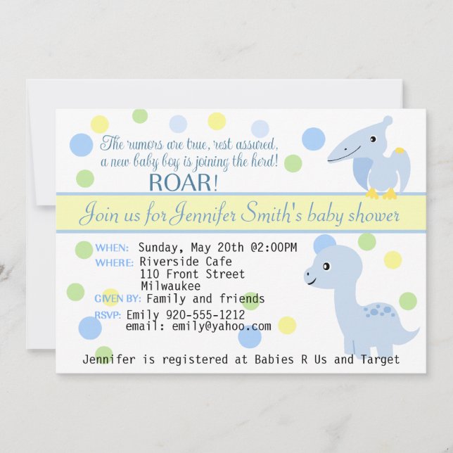 Dinosaur Baby Boy Shower Invitation customisable (Front)