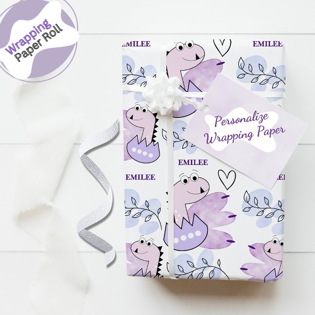 Dinosaur Baby Girl Pink Purple Watercolor Wrapping Paper (Creator Uploaded)