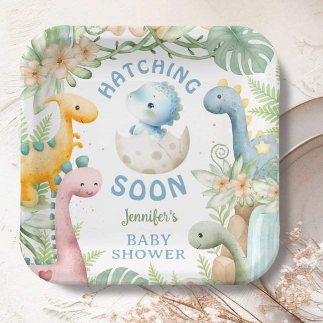 Dinosaur Baby Shower Boy Blue Dino Paper Plate (Creator Uploaded)