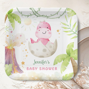 Dinosaur Baby Shower Cute Dino Girl  Paper Plate