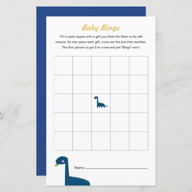 Dinosaur Baby shower Game Bingo Activity (Front/Back)