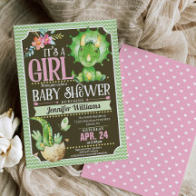 Dinosaur Baby Shower Invitation Girl, Green & Pink