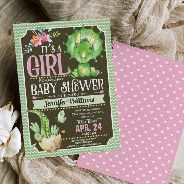 Dinosaur Baby Shower Invitation Girl, Green & Pink (Creator Uploaded)
