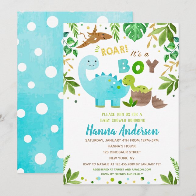Dinosaur Baby Shower Invitations Baby Boy Dino  (Front/Back)