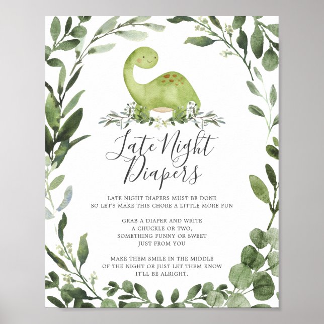 Dinosaur Baby Shower Late Night Diapers Sign (Front)