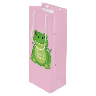 Dinosaur Baby Shower T-Rex Pink Girl Wine Gift Bag