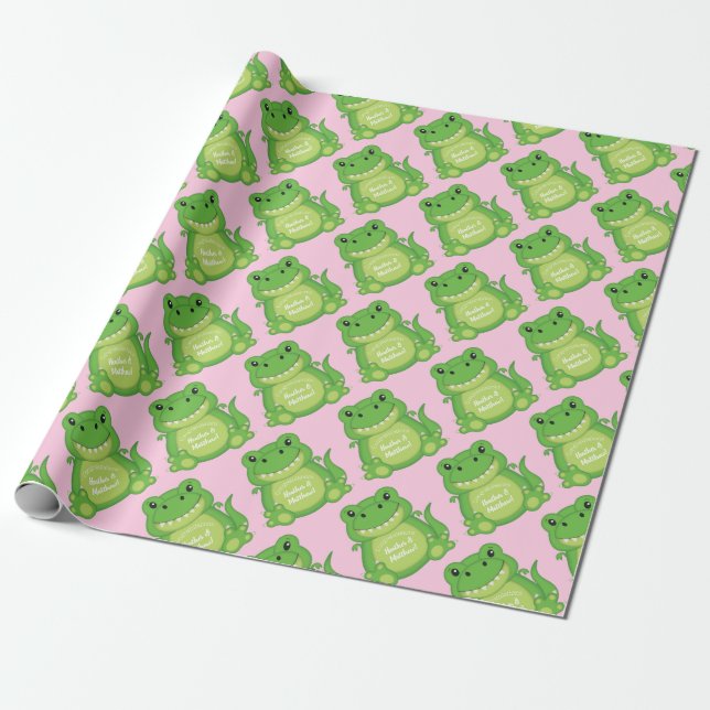 Dinosaur Baby Shower T-Rex Pink Girl Wrapping Paper (Unrolled)