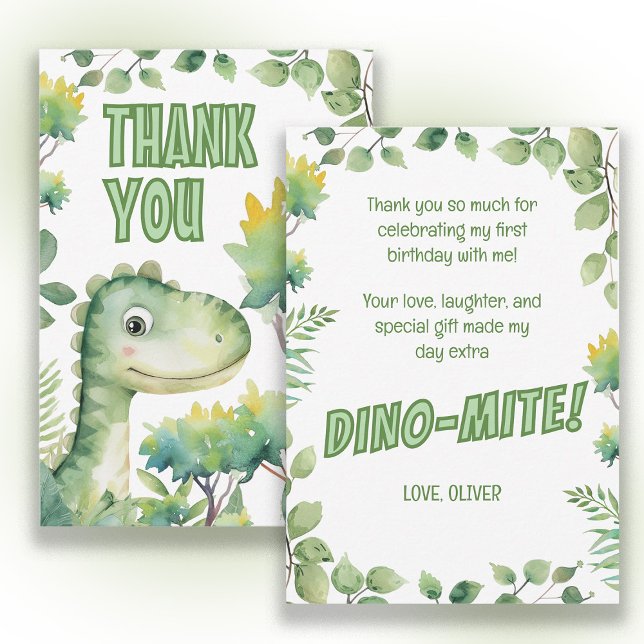 Dinosaur Baby's 1st Birthday Dino-Mite Thank You (Cute dinosaur 1st birthday party "Thank you" card. )