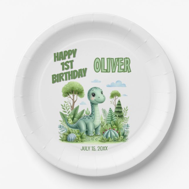 Dinosaur Baby's 1st Birthday Paper Plate (Front)