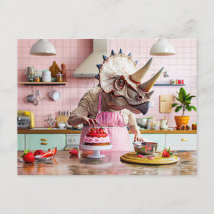 Dinosaur Baking Cake in Retro Kitchen Holiday Postcard