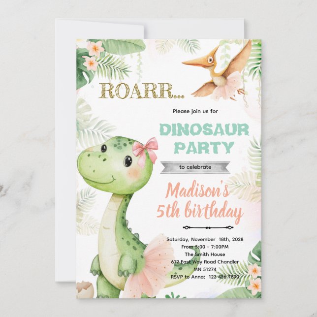 Dinosaur ballerina birthday party invitation (Front)