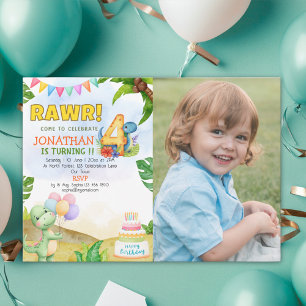 Dinosaur Birthday 4th with Photo Rawr Dino Party Invitation