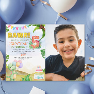 Dinosaur Birthday 5th with Photo Rawr Dino Party Invitation