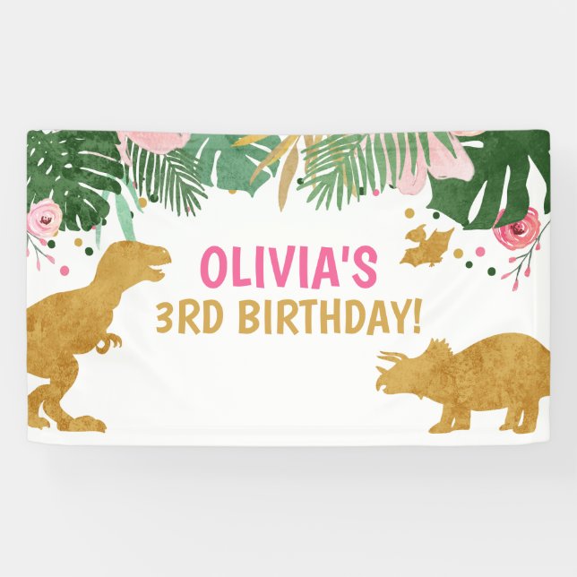 Dinosaur Birthday Backdrop Dino Banner Safari Pink (Horizontal)