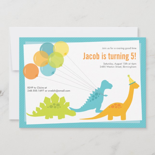 Dinosaur Birthday Balloon Blue Green Party Invitation (Front)