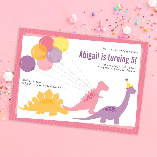 Dinosaur Birthday Balloon Pink Purple Party Budget Invitation (Creator Uploaded)