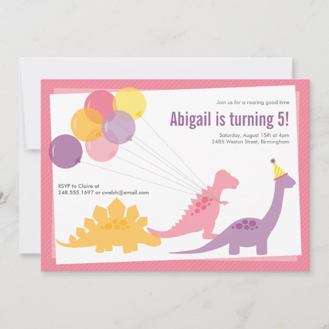 Dinosaur Birthday Balloon Pink Purple Party Invitation (Front)