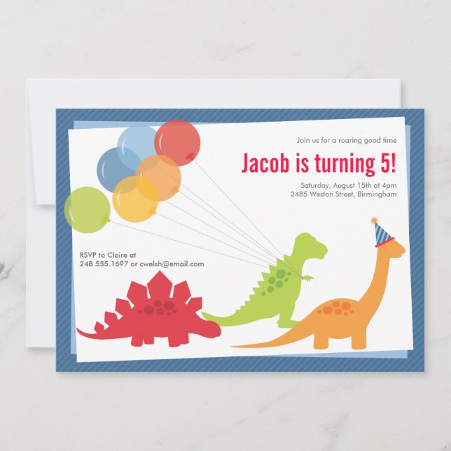Dinosaur Birthday Balloons Blue Red Party Invitation (Front)