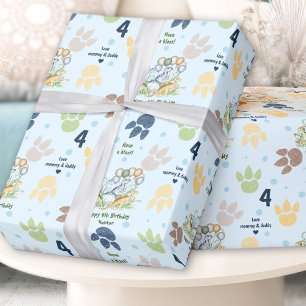 Dinosaur Birthday Blue Green Boy Custom Name Text Wrapping Paper