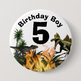 Dinosaur birthday boy age t-rex flames palm 7.5 cm round badge