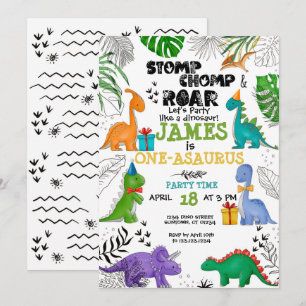 Dinosaur Birthday Boy Girl watercolor colourful  Invitation