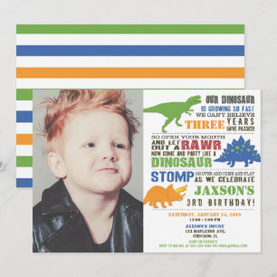 Dinosaur birthday boy green blue orange photo invitation
