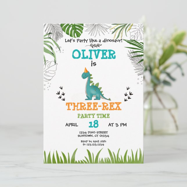 Dinosaur Birthday Boy watercolor turquoise orange  Invitation (Standing Front)