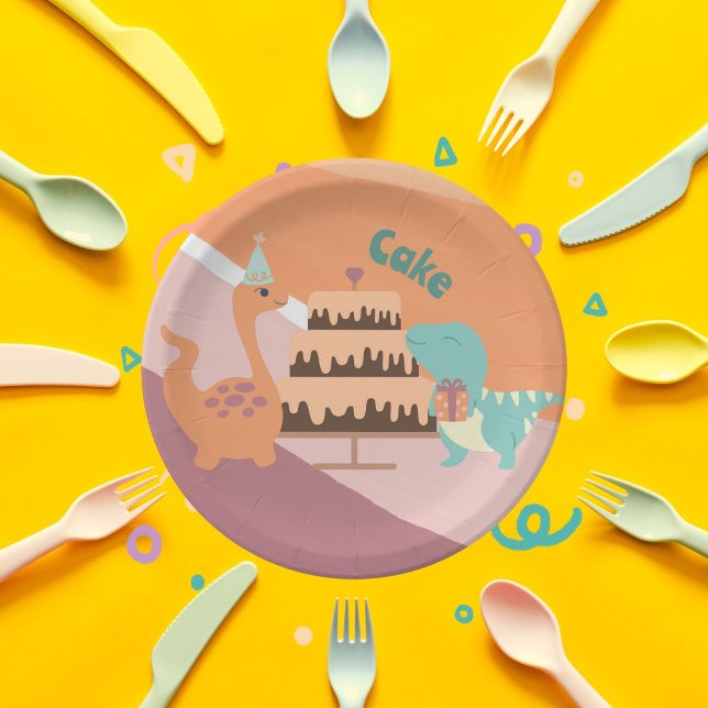 Dinosaur birthday cake neutral pink orange paper plate (Creator Uploaded)
